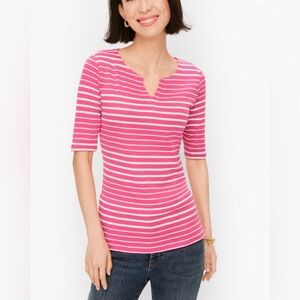 ♥️Talbots Pink White Stripe Split Neck 100% Cotton T-short Women’s Sz Small